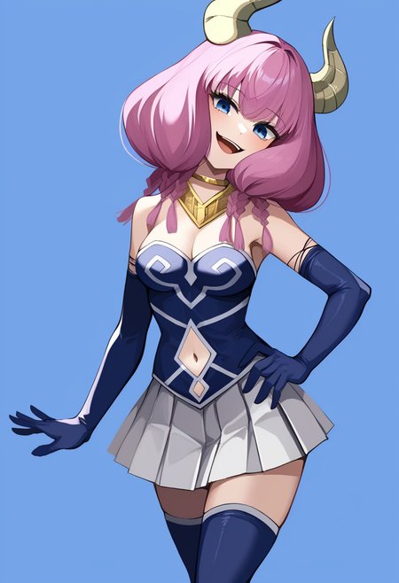score_9,score_8_up,score_7_up,<lora:sousou_no_frieren_all-000020:1>,1girl, aura_\(sousou_no_frieren\), bare_shoulders, blue_eyes, blue_gloves, braid, cleavage, cropped_legs, demon_girl, demon_horns, elbow_gloves, gold_necklace, hand_on_own_hip, head_tilt, highres, long_hair, looking_at_viewer, navel_cutout, open_mouth, pink_hair, pleated_skirt, small_breasts, smile, solo, standing, white_skirt