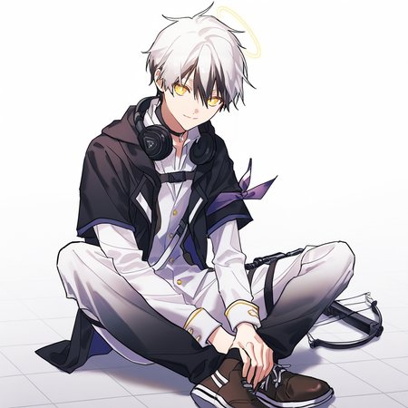 1boy, solo, adnachiel \(arknights\), solo, adnachiel, tilted halo, yellow eyes, bright pupils, short hair, white hair, streaked hair, black hair, (krenz, quuni, yoneyama mai, mebaru:1.2), depth of field, tile floor, sitting on floor, butterfly sitting, hands on feet, looking at viewer, weapon on floor, crossbow, bowgun, light smile, short over long sleeves, white shirt, white gakuran, white sleeves, sleeve cuffs, headphone around neck, black headphones, choker, black jacket, short-sleeved jacket, open jacket, two-tone pants, black pants, white pants, thigh strap, thigh pouch, bandana around arm, purple bandana, brown boots, white shoe soles, perfect eyes, perfect face, masterpiece, best quality, newest, absurdres, highres,   <lora:Adnachielå®å¾·åå°5 lora.TA_trained:0.8>, <lora:add-detail-xl:2>, <lora:ChamIllustriousBackgroundEnhancer:0.8>,