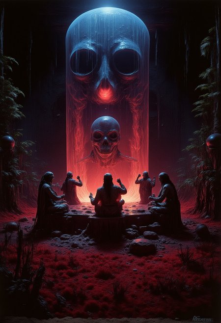 abstract photorealistic ink image in red, black and blue, 
A haunted séance taking place in the heart of the Crystal Marsh, where glowing crystals and bioluminescent plants light the foggy air. A group of witches sit in a circle, their hands raised as they summon the spirits of the dead. Spectral apparitions rise from the marsh's black waters, their forms shimmering with eerie light as they whisper long-forgotten secrets to the witches., 
In the style of grainy 80s VHS dark fantasy horror, vintage Halloween, autumn harvest tones, occult mysticism, gritty animatronics, with Sean Äaberg's psychedelic grotesque flair, evoking eerie, grainy VHS footage