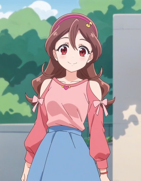 score_9, score_8_up, score_7_up, anime screencap, solo,1girl, sakurauta, smile, blue skirt, hairband,  looking at viewer,long sleeves, heart, shoulder cutout, pink shirt,cowboy shot,medium breasts<lora:sakurauta_pony:0.8>