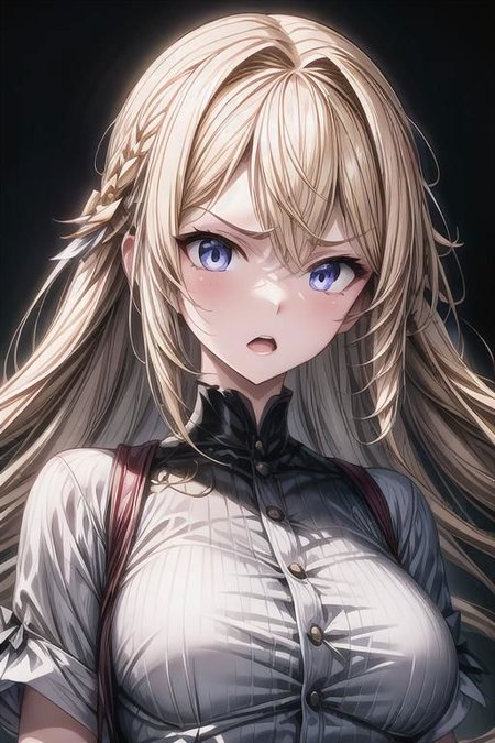(masterpiece),
Luna,
1girl, blonde, floating hair,
white shirt,
 upper body shot, 
 HDR, highly detailed, 32k,
 black background, anger mood, 
perfect face feature,