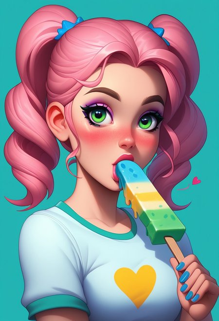 score_9, score_8_up, score_7_up, masterpiece, best quality, Casgas, BREAK 1girl, skinny, natural small breasts, blue eyes, pink candy hair, two pigtails with a wavy green elastic band, makeup, green eye shadow, black long eyes arrows, blush, yellow short t-shirt with pattern of hearts, blue manicure with pink hearts, BREAK sucking popsicle, popsicle in mouth,  BREAK medium shot, blue background