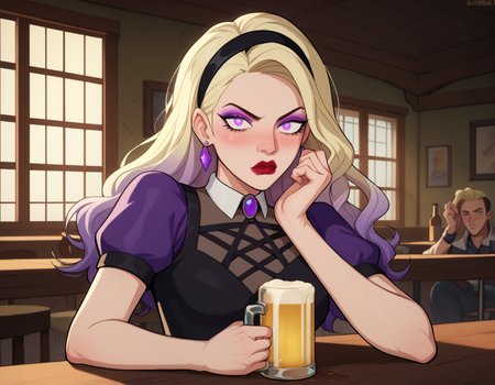 score_9, score_8_up, score_7_up, score_6_up BREAK, illustration, disheveled hair, detailed eyes, perfect composition, moist skin, intricate details, earrings, 1girl, solo, breasts, looking at viewer, blush, upper body, clothes pull, holding cup, alcohol, mug, drinking, beer mug, 1girl, blonde hair, black hairband, nose, makeup, red lips, purple eyes, long hair, dress, gradient hair, puffy short sleeves, mal1c3-dh,<lora:add-detail-xl:0.5> <lora:Malice_-_Kite_Man:0.7>   <lora:Lunas-Afrobull-SDXL-A1:0.8>