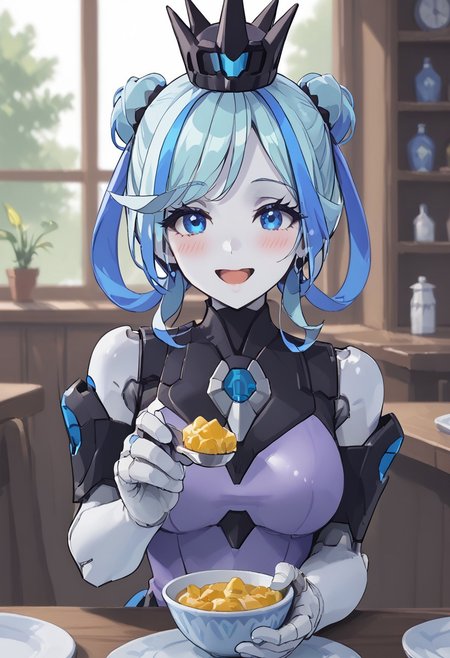 score_4,score_5,score_6,score_7_up,score_8_up,score_9 ((masterpiece,best quality,ultra detailed,highres,HD,4k:1.2)), 
1girl, solo,solo focus,girl focus,face focus,
robot joints,colored skin,
blue hair,two-tone hair,multicolored hair,streaked hair,single hair bun,crown,blue eyes,large breasts,
Apron, sleeveless, exposed arms, exposed shoulders,, frilly aprons, 
upper body,
pov,feeding,looking at viewer,feeding, food,incoming food,holding spoon, 
looking at viewer,blush,shy,smile,,open mouth,
