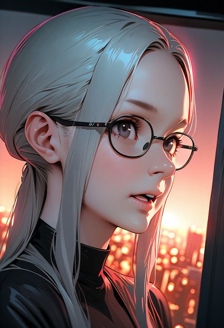 (graphic novel style, dark novel style:1.5),(anime), (masterpiece:1.4), (soft cinematic light:1.1), incredibly lifelike, Extremely high-resolution details, 8k, best quality,extremely detailed, contrast,
high tech design,
 gallery of contemporary art, inside, portrait old woman against the backdrop of a giant floor-to-ceiling window, through which one can see a city landscape with skyscrapers and a sunset , open mouth, one portrait ((elderly)) woman in a ((black long dress)) and black high-heeled shoes, elderly, old woman, [Nordic], Hourglass elongated body, Oval Face, Long neck, Rounded shoulders, long slim thin arms, Attached Pointed ears, round forehead, (gray Updo short combed back hair), snub nose, Arched eyebrows, Monolid black Eyes, High Round Narrow cheekbones, Hollow Cheeks, Rounded Chin, Rounded Jawline, thin Lips, (black eyes), (square glasses), (Wrinkles),