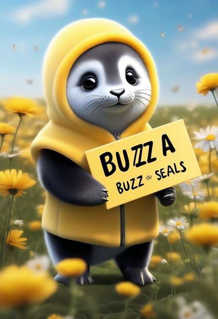 full body view, Realistic photograph of a cute baby seal wearing a fuzzy-bumblebee costume with wings, covered in honey, in a field of flowers, (holding sign with text:"buzz 4 seals":1.4 ), (holding sign that reads "buzz 4 seals" ), charming character illustrations, cute comic, <lora:text2:1.25> ,