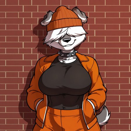 masterpiece, best quality, highly detailed, realistic, 1girl, solo, ShawnaCC, furry, anthro, canine, dog girl, hair over eyes, white hair, short hair, black nose, white body, white fur, gray body, gray fur, two tone body, two tone fur, short tail, big breasts, upper body, (orange jacket, open jacket, black shirt, orange pants, spiked collar, orange beanie), closed mouth, teeth, smirk, red brick wall, grin, looking at viewer, standing, front view, simple background, arrusa, (hands in pocket)
