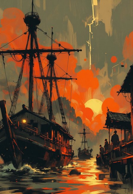 OBxiaoxiang, Special Ink-drawing mode, Mh1$AgThS2, intricate linework with expressive contrasts, inksketch of a Chinese Junk sailing into a south-east asian medieval harbour, sunset