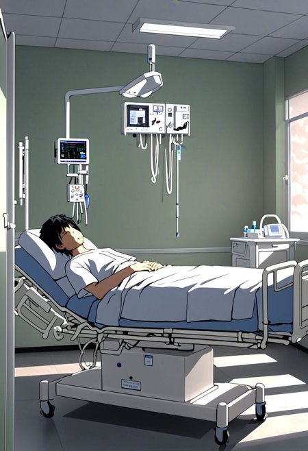 Highres, Masterpiece, High Quality, 4K, 8K, solo, 1Boy, Takaki Toono, adult, black hair, short hair, inpatient room, supine, patient, soft light, hospital, medical furniture, sleep, pale, infusion, tired, sick, uncomfortable, easynegative, detailed_eye_model