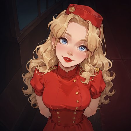score_9, score_8_up, score_8, score_7_up,score_7, source_anime, rating_explicit, hires, (detailed,best quality:1.2),(<lora:Expressive_H:0.3>), (<lora:JGStyle:0.5>), (<lora:incase-ilff-v3-4:0.7>), 1girl, (skinny:1.3), narrow waist, petite, <lora:UnnamedBlondeGirl_BacallToArms1946_PXL_Leaf1:0.8> ,UnnamedGirl, blonde hair, red lipstick,red  hat, strap hat,uniform, red dress, large breasts, close-up, solo, blue eyes, happy,portrait, long hair, wavy hair, retro, arms behind back, sweet, cute,  high angle, close-up, looking up, (head tilt), from above,