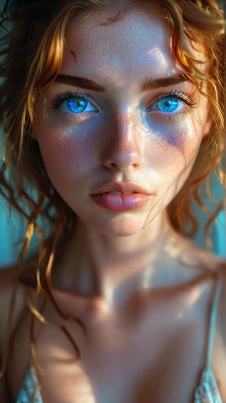 (((extremely details of face, eyes and skin with large iridescent bright colorful blue eyes, Exquisitely detailed))) 1girl 18yo nude, (full body in frame:1.3), large breast, backlighting, bare shoulders, blurry background, blush, breasts, cleavage, closed mouth, collarbone, forehead, freckles, hair over shoulder, short hair, hair in a bun, looking down, pointy nose, lips glossy, shadow, solo, thick eyebrows, thick eyelashes, (((extremely curly ginger hair))), ((masterpiece)), wide shot, zoomed out, BREAK
,<lora:Stunning_eyes_2:0.8>,  <lora:- SDXL - vanta-black_contrast_V3.0:0.6>,  <lora:add-detail-xl:0.4> <lora:MJ52:0.5>,  <lora:SDXLFaeTastic2400:0.05>
