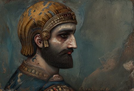 He changed his mind about all the settlements whose sanctuaries were in ruins and the population of the land of Sumer and Akkad who had become like corpses, and took pity on them. 
He inspected and checked all the countries, seeking for the upright king of his choice. 
style of Qajar art, FastNegativeV2, green eyes, blue eyes, brown eyes, perfecteyes