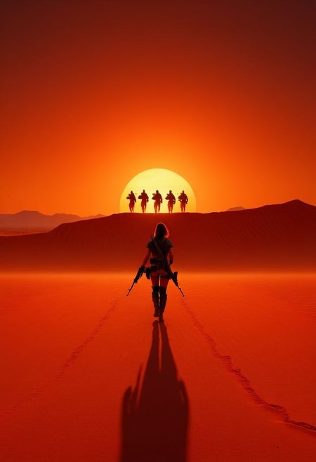 ispzxll, diorama, isometric, miniature, volumetric lighting style, intricate details, desolate city screen, dusty sky, iconic shot, isolated, lonely, orange sky, red dirt, walking away, golden hour, epic, setting sun on horizon, film scene, three slim female figure silhouettes, badass women, carrying rifles
