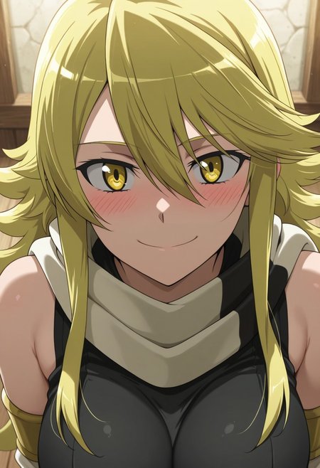 masterpiece,best quality,amazing quality, leone (akame ga kill!), long hair, blonde hair, yellow eyes, solo, 1girl, scarf, smile, looking at viewer, sidelocks, blush, striped scarf