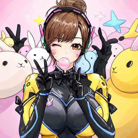 1girl, b.va (overwatch), d.va (overwatch), huge breast, alternate hairstyle, black bow, black bowtie, black gloves, bodysuit, bow, bowtie, brown eyes, brown hair, bubble blowing, character name, chewing gum, double peace, elbow gloves, gloves, hair bun, headgear, headphones, high collar, holding, looking at viewer, official alternate costume, one eye closed, pilot suit, shadow, short hair, shoulder pads, signature, single hair bun, skin tight, solo, sparkle, stuffed animal, stuffed rabbit, stuffed toy, upper body, peace sign, yellow bodysuit,