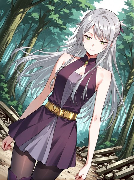 <lora:Ye_Liuli__I_am_the_Fated_Villain__Illustrious:1>
1 girl, solo, gray hair, loose hair, long hair, small braid, green eyes, small breasts
purple dress, short skirt, black tights, purple boots, sleeveless dress, bare shoulders, gold belt
score_9, score_8_up, score_7_up, very aesthetic, source_anime, detailed, high quality, beautiful, masterpiece, detailed eyes, forest, tree, ruins, cowboy shot, dynamic angle, upper body, light smile, dynamic pose