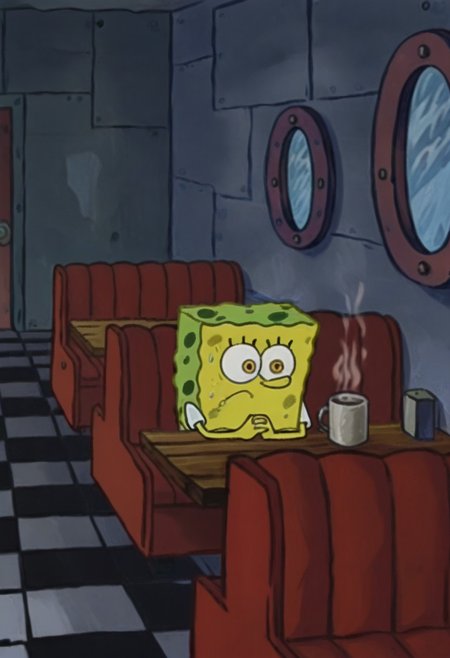 score_9, score_8_up, score_7_up, (Fixhand), source_anime, furry male, solo, black fur, animal ears, yellow eyes, sharp teeth, claws, BREAK, mikus-concept, sitting alone in an empty diner, looking ahead with a thoughtful and sad expression on his face, hands folded on the table in front of a cup of hot drink, red sofas are visible in the background, sitting, sitting on a red sofa,