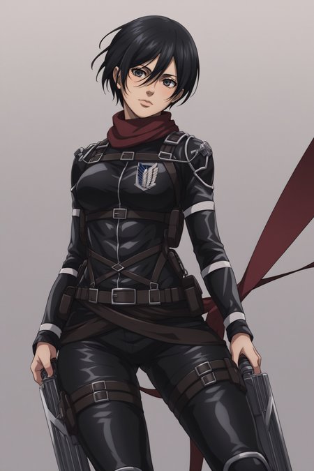 score_9, score_8_up, score_7_up, BREAK source_anime, <lora:adult mikasa ackerman-PonyXL-lora-faxtron:0.8> adult mikasa ackerman, black eyes, black hair, short hair, medium breasts, military uniform, armor, belt, thigh strap,