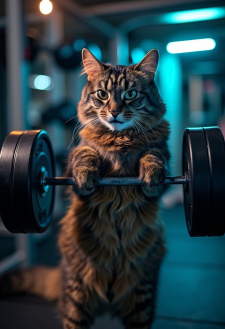 A muscular fluffy, medium-sized cat named Allie with a mottled coat featuring dark brown and black tabby stripes standing confidently on its hind legs, lifting a small, weighted barbell with intense focus. The scene is set in a modern gym with sleek black and silver equipment around. The lighting is dynamic, casting strong highlights and shadows across the cat’s muscular form, accentuating its strength and grit. The color palette is moody, with deep grays and pops of electric blue and neon green from gym lights. The atmosphere is energizing and intense, capturing the determination of the cat. Photorealistic details emphasize the cat's fur, whiskers, and the reflection of gym lights in its focused eyes.