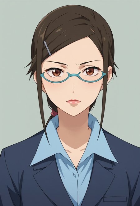 score_9,score_8_up,score_7_up,score_6_up,score_5_up,score_4_up,anime coloring,source_anime,<lora:Misaki_Kirihara_Darker_than_Black_Pony:0.7>,misaki,1girl,solo,brown eyes,brown hair,swept bangs,ponytail,sidelocks,hairclip,blue glasses,lipstick,suit,blue shirt,collared shirt,multicolored background,portrait,upper body,looking at viewer,