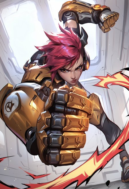l0lspl4sh, source_anime, score_9, score_8_up, score_7_up, year2023, year2024, Vi, SKT T1 Vi, World Championship, Pan Chengwei, West Studio, 1girl, vi \(league of legends\), rating_safe, red and white theme, golden gauntlets, goggles on head, punching, serious, oversized gauntlets, foreshortening, perspective, red hair, incoming punch, punching viewer, clenched hand, mechanical hands, <lora:L0LSPL4SH_40epochs:1>