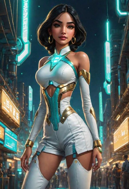(masterpiece), 
1girl,
Jasmine, 
OverallDetail,
powered futuristic outfit,
powered futuristic necklace,
golden light energy,
cyberpunk city at night background,