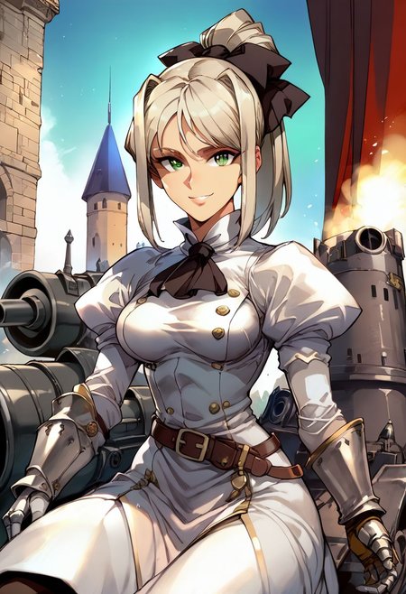 score_9, score_8_up, score_8, score_7_up, score_7, anime of hmkshll, green eyes, platinum blonde hair, high ponytail, bangs, sidelocks, hair ribbon, knight dress, gauntlets, belt, medium breasts, castle, posing for a photo, facing viewer, looking at viewer, female focus,  (dynamic lighting:1.1), Sitting on a Cannon, , looking at a Cannon, Culverin, smiling ,  ground vehicle, military vehicle,bslskspg
((masterpiece))