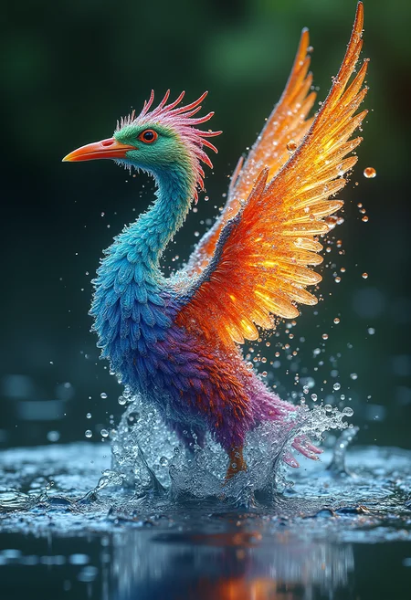 An ancient bird made of a colorful water elemental rising from a lake, water droplets splashing in a mandala pattern, vibrant, sharp, extreme details, epic, award winning photography, bokeh, 8k