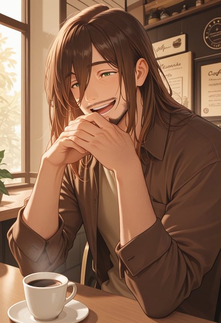 1boy, mbti_infp, mature man, long brown hair, green eyes, at coffee shop, talking to friend, laughing, warm light, relaxed, friendly, charming, aesthetic, detailed background, highres, masterpiece, best quality