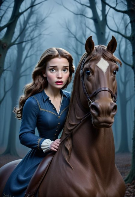 Raw photo, original style, very detailed face features,  Belle, riding horse, in dark forest
