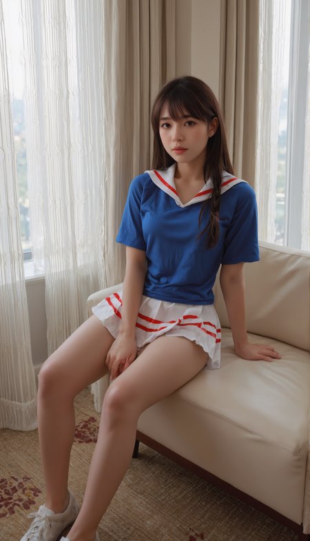 This is a high definition and detailed professional portrait photograph featuring a light woman with dark complexion in a sitting pose. She sits diagonally with her legs crossed, right hand resting elegantly on her knee, and left hand raised slightly. She is wearing SGWN15clothing, a sailor-style outfit wutg blue short-sleeved shirt, a white collar and red stripes and white mini-skirt with red stripes. She wears natural makeup. She has braided hairstyle styled with bangs.  The background is a serene corner of a hotel room with large windows on both sides. Soft daylight filters through delicate white curtains, casting an ethereal glow across the room. Below the windows, there is a sleek white leather armchair, inviting and luxurious. The entire setting exudes a dreamlike and tranquil atmosphere, with the warm sunlight and soft shadows playing across the surfaces. The room conveys a sensual and peaceful vibe, perfect for unwinding and moments of quiet solitude.<lora:flux\fxyifu\SGWN15clothing_v1_000003700.safetensors:0.85:0.85> <lora:flux\fxchara\jz5_rank8_bf16.safetensors:0.73:0.73>