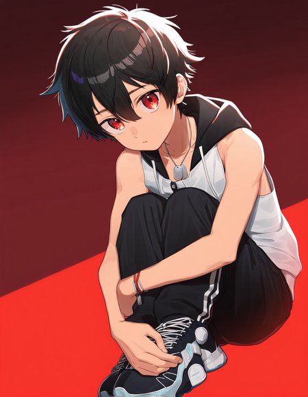 masterpiece, best quality, luye-style, red background, backlighting, full body, dutch angle, 1boy, solo, kabane kusaka, black hair, red eyes, short hair, hair between eyes, looking at viewer, sleeveless hoodie, black pants, dogtags, sitting, hugging own legs <lora:luye-yuan_naXL_v3c-ShoAI:1>