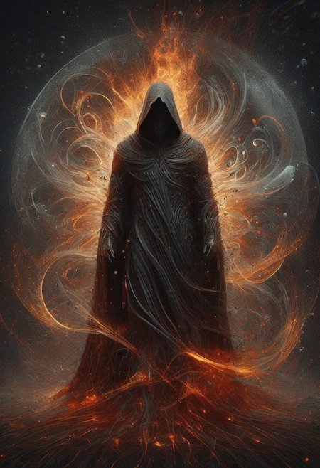 horror film style the image portrays a dark and enigmatic figure, clad in a long cloak that obscures their identity. the figure is situated within a circular motif composed of splattered black ink, reminiscent of an ethereal halo or aura surrounding them. this motif encircles the figure, further emphasizing its significance. the backdrop consists of redish splatters, which contrast with the darker tones of the figure and the black motif. these splatters are scattered across the canvas, creating a sense of chaos and unpredictability. overall, this artwork exudes a mysterious and dramatic atmosphere, leaving viewers to speculate about the identity and intentions of the cloaked figure at its center. . suspenseful music, dark visuals, supernatural events, jump scares 
photography. Natural geographic photo. trending on artlist, Hyper-realistic, 16k resolution, intricate details.
(masterpiece, award winning artwork)
many details, extreme detailed, full of details,
Wide range of colors, high Dynamic
 OverallDetailXL
<lora:add-detail-xl:0.95>
<lora:WildcardX-XL-Detail-Enhancer:0.9>
<lora:xl_more_art-full_v1:0.2>
<lora:ElementsMixSDXL:1> ElementsMix, fire, water, wind, earth