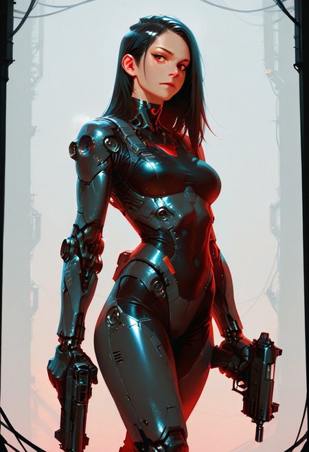 1girl, front view, side view,
android girl operator, badass, badass face, confident face, slim fit body,  black hair, black and red clothing, dark clothing, beautiful face, v-chin, medium straight hair, black neck, full_body, full height,
holding rifle,
 bodysuit, collar, feminine mecha hands, pants, sci-fi armor, feminine torso, feminie legs
dynamic view, full-height view
sci-fi city background, sci-fi setting, detailed background
d_medium, masterwork, masterpiece, best quality, dynamic lighting, dynamic view, dynamic pose, (realistic:1.2), (lineless:1.2), detailed, dynamic lighting, watching at viewer,  dynamic light,