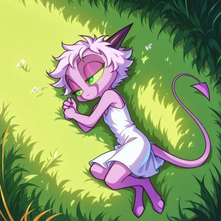 Dreamkeepers,1girl,Prelude_Namah,solo,demon tail, green eyes, horns, 
masterpiece, child, kid, 
grass, laying, sleeping, summer, outside, messy hair, white summer dress,
