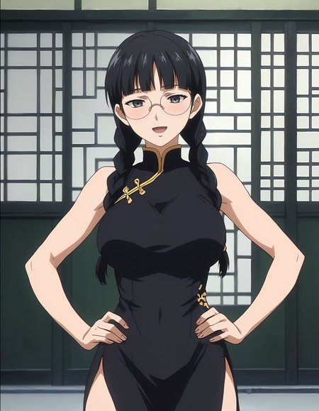 score_9, score_8_up, score_7_up, score_6_up, score_5_up, score_4_up, <lora:NaoK_T1V0:0.85>, <lora:sdxl_lightning_8step_lora:1>,
source_anime, anime screencap, 1girl, solo,
NaoK_T1V0, black hair, low twin braids, blunt bangs, black eyes, grey eyes, large breasts,
glasses, rimless eyewear,
chinese clothes, black dress, sleeveless dress, turtleneck, long dress, side slit, 
standing, hands on own hips, 
looking at viewer, light smile, open mouth, blush, 
indoors, cowboy shot,