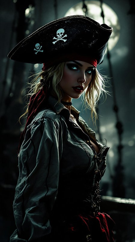 Silhouette Art, magnificent, photorealistic ink art image in the style of a movie poster, crisp lines, a photograph of a stunning oriental young pirate woman, blonde loose hair, red lips, dark eyeshadow, wearing a red bandana under a tricorne pirate hat, dirty cotton front-laced blouson, silhouetted in moonlight, standing on the deck of a pirate ship, sultry, alluring, facing viewer, upper body shot from the side, with an abstract dark backdrop, bokeh