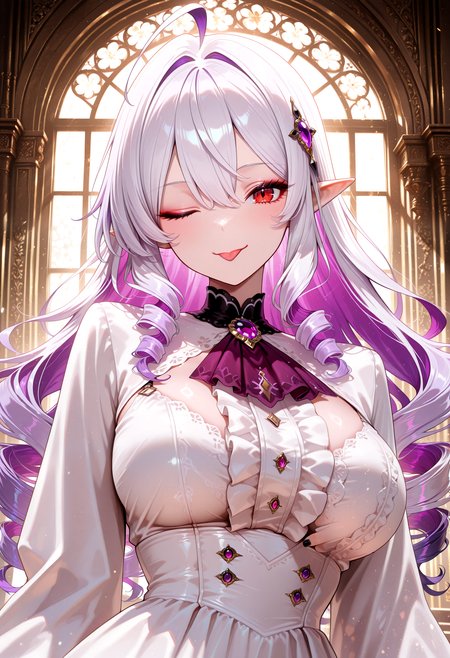 lazypos, 1girl, , ahoge, ascot, black nails, center frills, closed mouth, dress, drill hair, frills, gem, breasts, long hair, long sleeves, looking at viewer, multicolored hair, pointy ears, purple ascot, purple gemstone, purple hair, red eyes, shrug \(clothing\), solo, white dress, white hair, white shrug, smile, solo, tongue, tongue out, one eye closed, upper body, backlighting, outline