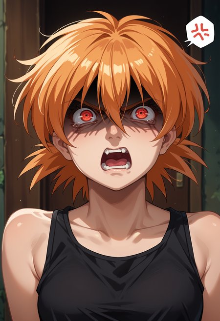 score_9, score_8_up,score_7_up, source_anime, 1girl, solo, <lora:EPhsSeras:1>,
orange hair, short hair, red eyes, hair between eyes,
SerVic, black tank top, 
portrait, shaded face, angry, screaming, anger vein, spoken anger vein,