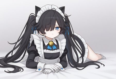 (Maid-kasli), solo, white gloves, dress, hair over one eye, maid apron, blue eyes, twintails, cat ears, maid headdress, maid, gloves, 1girl, apron, juliet sleeves, long sleeves, long hair, black hair, animal ears, bell,(Fall down),