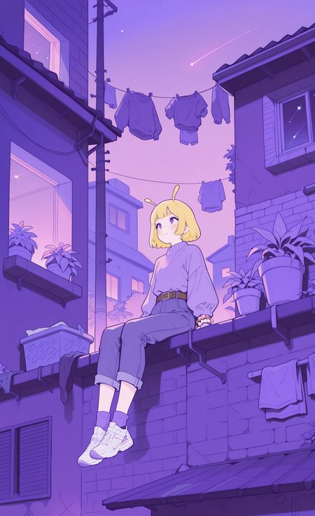 masterpiece, best quality, good quality, very awa, very aesthetic, absurdres, newest, 1other, antennae, arms at sides, bead bracelet, beads, belt, blonde hair, bob cut, bracelet, brick wall, brown belt, building, capri pants, clothesline, denim, flat color, foot dangle, freckles, hanging plant, jeans, jewelry, laundry, light blush, limited palette, long sleeves, night, night sky, on roof, on wall, other focus, outdoors, pants, plant, potted plant, puffy long sleeves, puffy sleeves, purple sky, purple sweater, purple theme, rooftop, scenery, shoes, shooting star, short hair, sitting, sky, socks, solo, star (sky), starry sky, sweater, sweater tucked in, thick eyebrows, happy, unworn clothes, utility pole, white footwear, wide shot, window shutter, wire <lora:ponyv6Noobe112Adamw.9Eti:0.8> <lora:MeMaXL4:0.3> <lora:Lofi_style:0.7>