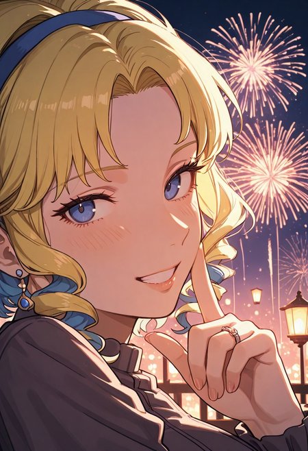 masterpiece, by piaki,  best quality, very detailed,
1 girl, \(fire emblem\), Constance, clothed, mature female, from side
Outdoors, (leaning on red guardrail), night time, floating lanterns, colorful fireworks, heart effect, looking at viewer from side, happy, face focus, close-up, female on side, grin, close up finger poking at viewer, ring on hand, gentle eyes, light blush, detailed lips, romantic,