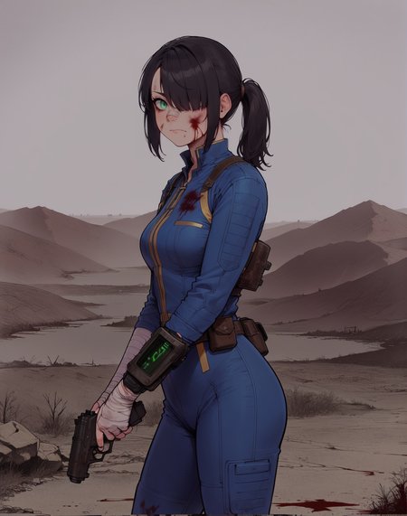 score_9, score_8_up, score_7_up, source_anime BREAK (1girl),,mature, blood on face,black hair, sleek hair,hair over one eye, ponytail, green ringed eyes, apocalypse, corpses around, stylish_pose,holding gun,  broken nose, nose bandage closed mouth, vault suit, pipboy3000, vault 13, landscape with wasteland <lora:LineArt Mono Style LoRA_Pony XL v6:1>, pale colors, <lora:Pipboy_3000:0.75>