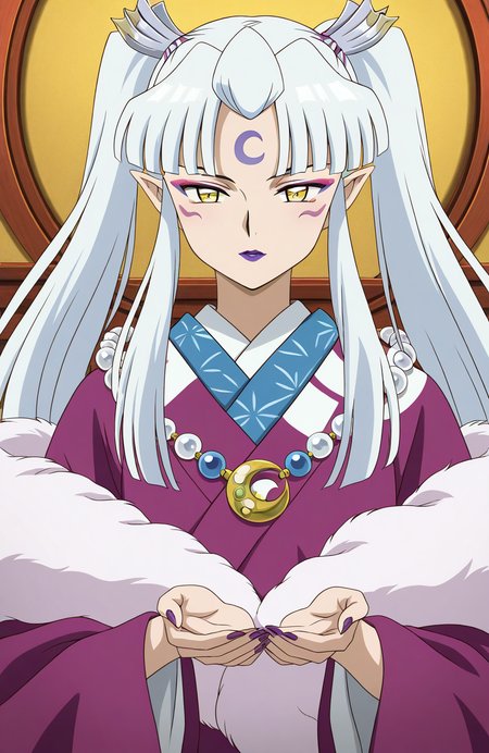 general,highres, ultra-detailed,very aesthetic,best quality ,best hands,  BREAK  <lora:Sesshomaru_no_Haha_IS:1>
Sesshomaru_no_Haha,pointy ears, japanese clothes, 1girl,solo, facial mark, kimono, white hair, long hair, 
yellow eyes, makeup, lipstick, forehead mark, crescent, necklace, fur, jewelry, purple lips, ponytail, twintails, fur trim, anime coloring, hair ornament, wide sleeves
