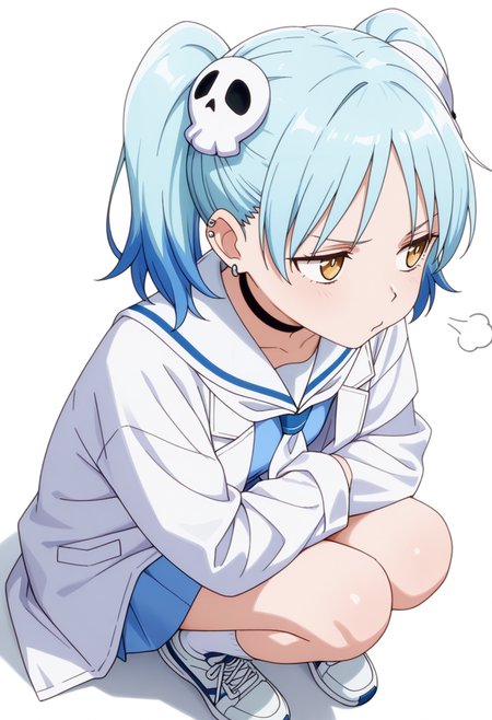 masterpiece,high quality details, absurdres,
 <lora:Izutsumi_Marín:0.8>
izutsumi_cnr, 1girl, blue hair,yellow eyes, multicolored hair,  skull hair ornament, twintails, black choker,ear piercing,
white sailor collar, blue serafuku, blue shirt,blue skirt,labcoat, white socks, sneakers,, simple background, white background, from above,solo,, depressed,pout,, o3o,, ultra realistic, high detailed skin,