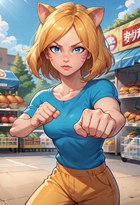 score_7_up, SUNSHINEGOODNESS, 1girl, solo, blonde hair, blue eyes, animal ears, cat ears, blue shirt, portrait, source_anime, looking at viewer, fighting stance, dynamic pose, supermarket background, blurry background,