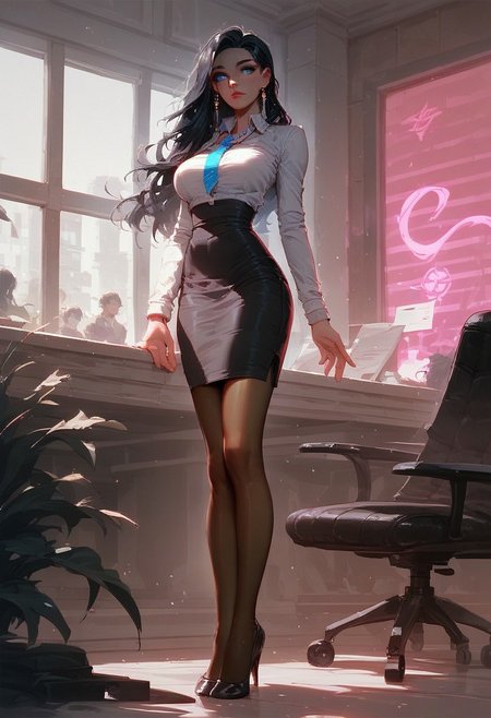 score_9, score_8_up, score_8_up, score_7_up, easynegative,  g0thicPXL, glowing, neon,Expressiveh,
jewelry, skirt, 1girl, earrings, chair, necklace, high heels, window, solo focus, indoors,  long hair, pencil skirt, lips, black skirt, shirt, standing, pantyhose, blue eyes, breasts, black hair, formal, full body, miniskirt, office lady, necktie, black footwear, high-waist skirt,  suit, shoes