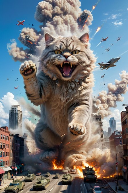 cute giant fluffy cat obliterating large city, tanks, jets, army, highrise, kicking through a building <lora:xl_more_art-full_v1:1>