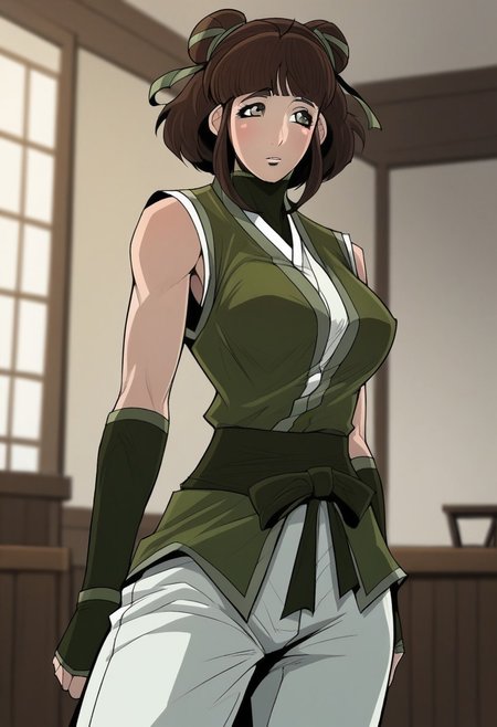 score_9,score_8_up,score_7_up,score_6_up,blurry, blurry background,1girl,tang mi ryeo,solo,brown eyes,blunt bangs,hair bun,double bun,brown hair,ribbon,hair ribbon,short hair,large breasts,ninja,pants,white pants,green footwear,sleeveless,upper body,dark,under light,indoors,living room,cowboy shot, dutch angle