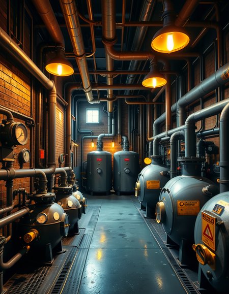 A highly detailed and realistic photograph of an industrial boiler room filled with large metal boilers, complex pipe systems, and pressure gauges. The room is dimly lit with a mix of warm yellow lighting from overhead industrial lamps and cool blue reflections from metallic surfaces. The air is slightly hazy with steam escaping from some of the pipes. The floor is made of reinforced concrete with visible stains from oil and water. Various control panels with blinking LED indicators and warning signs are mounted on the walls. The atmosphere is rugged and mechanical, evoking a sense of power and industrial efficiency. The depth of field is sharp, capturing intricate details such as rust on old pipes, the texture of the metal surfaces, and the labels on the control panels. The composition emphasizes symmetry, with pipes and machinery creating a structured, almost futuristic aesthetic. 
<lora:SDXLFaeTastic2400:0.4> <lora:extremely_detailed:0.4> extremely detailed,<lora:industrial_boiler_room:1>,industrial b01l3r r00m, Masterpiece,best quality,hi res,8k,hi res,8k,award winning,(sharp focus, intricate, highly detailed),